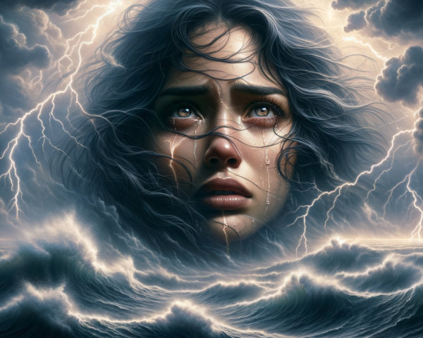 Woman's Face in Turbulent Ocean Waves and Stormy Sky