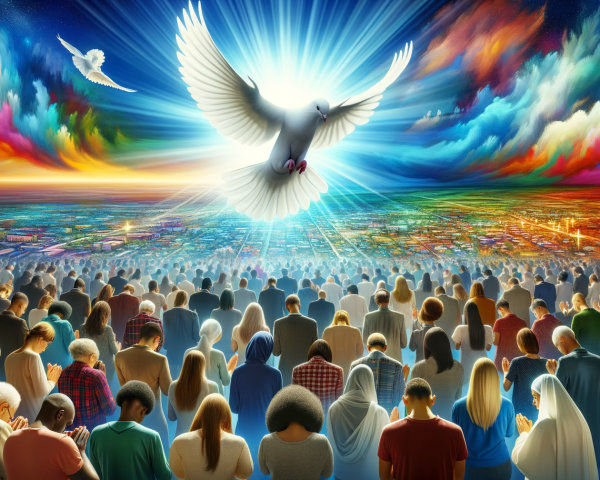 Gathering of People in Divine Light with Dove