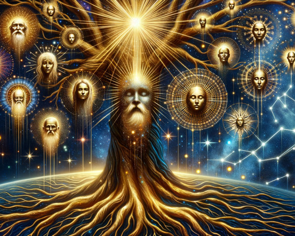 Surreal Tree with Cosmic Background and Illuminated Faces