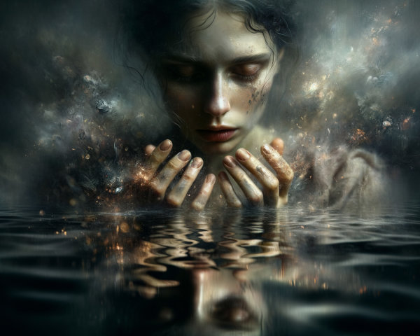 Ethereal Figure in Dark Mists with Shimmering Lights