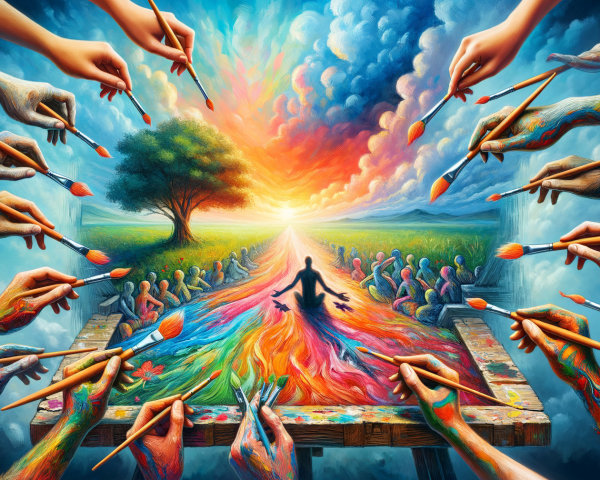 Surreal Scene of Colorful Hands and Creative Landscape