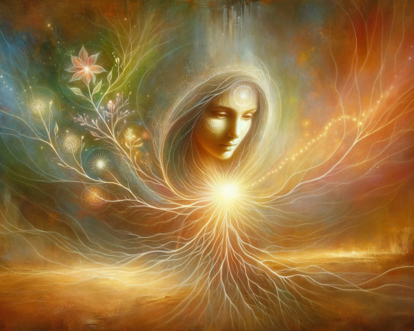 Mystical Figure with Flowing Hair and Golden Light