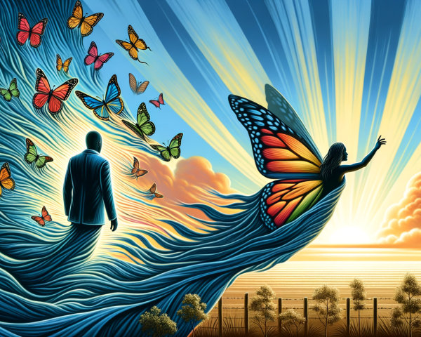 Vibrant Landscape with Butterflies and a Fairy