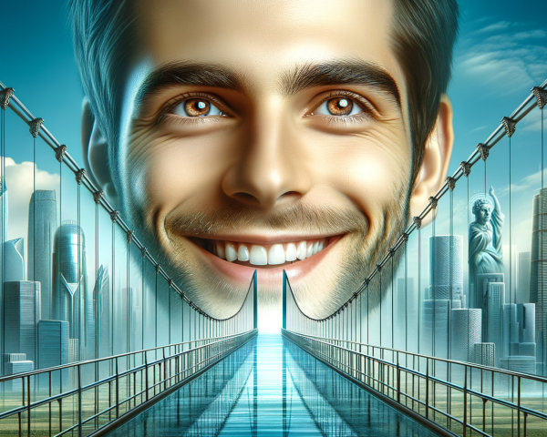 Futuristic Cityscape with Smiling Face and Bridge