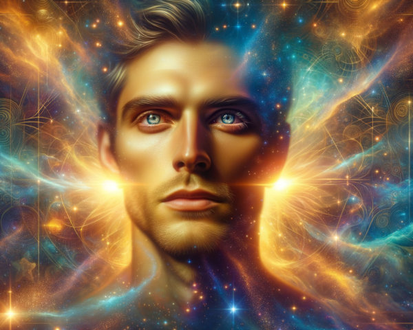 Close-Up of a Man with Nebula Background and Light