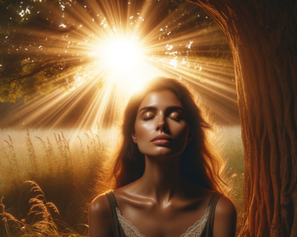 Serene Woman in Sunlit Meadow with Halo Effect