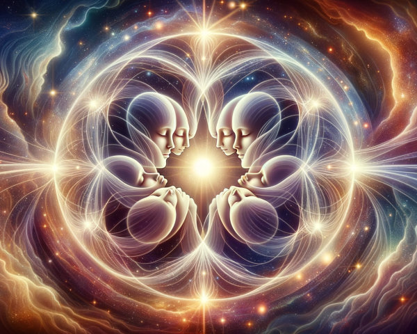 Ethereal Cosmic Scene with Intertwined Figures and Energy