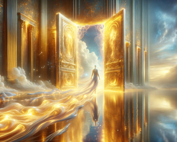 Golden Doorway in Dreamy Cloud Landscape