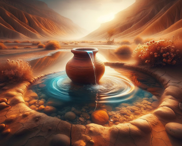 Clay Pot in Serene Desert Oasis with Water and Mountains