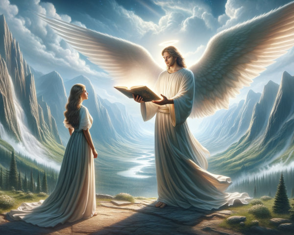 Angelic Figure and Woman in Serene Landscape