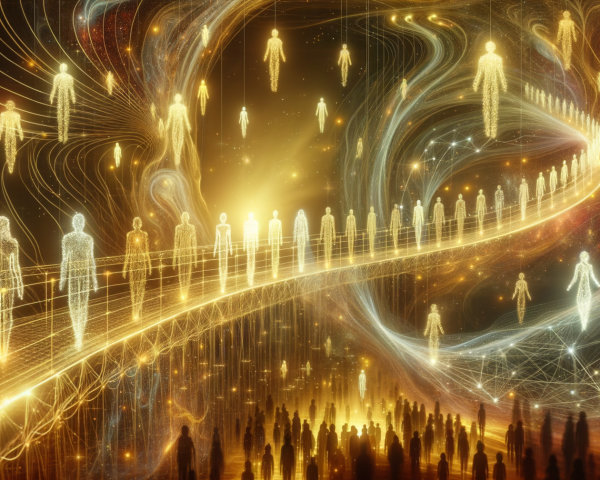 Translucent Figures Ascending in Cosmic Scene