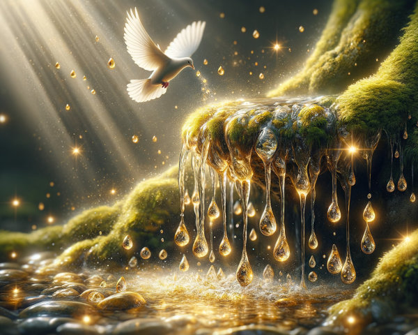 Dramatic Fantasy Scene with Dove and Golden Liquid