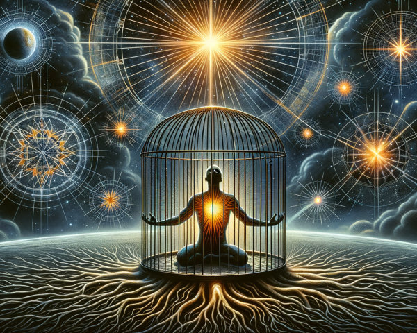 Meditative Figure in a Glowing Cosmic Cage