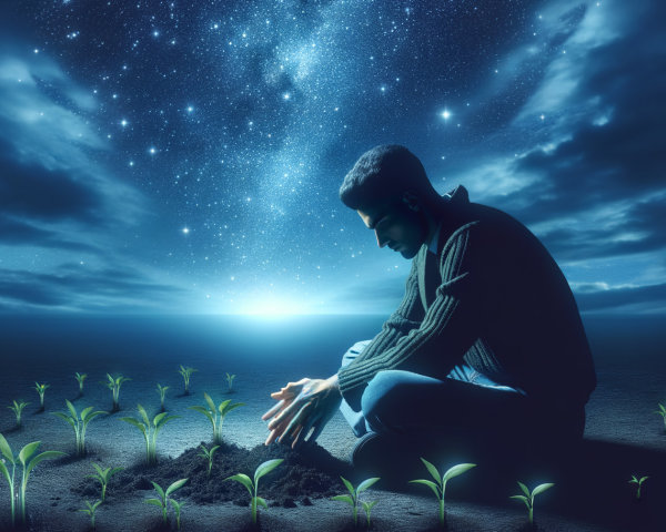 Contemplative Figure Planting Seeds in Starry Landscape
