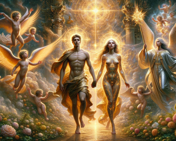 Ethereal Figures in a Celestial Scene with Angels