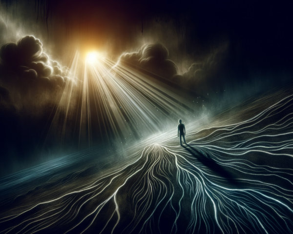 Dark Fantasy Scene with Glowing Roots and Stormy Sky