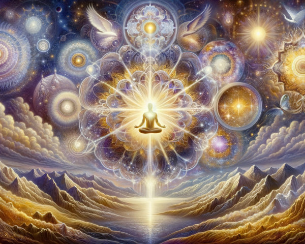 Meditative Figure Surrounded by Cosmic Energy Patterns