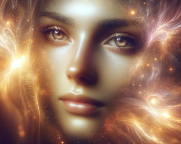 Close-up of a goddess's symmetrical face with glow