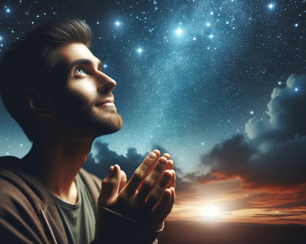 Young Man in Awe Under Starry Night Sky