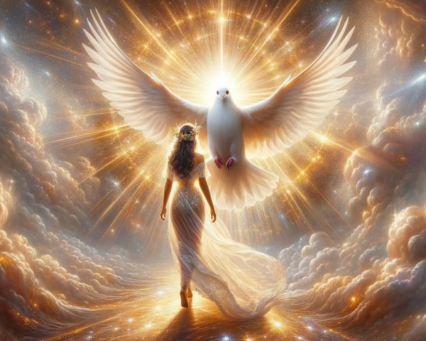 Luminous Woman and Dove in Celestial Atmosphere
