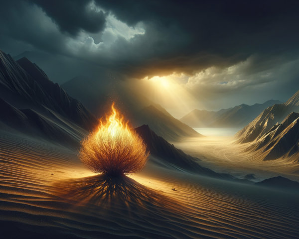 Fantasy Desert Scene with Dramatic Sky and Fire