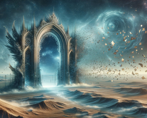Surreal Landscape with Ornate Archway and Galaxies