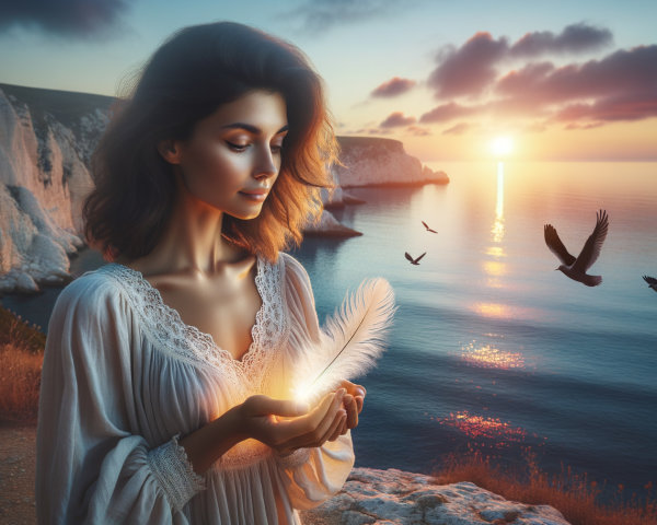 Young Woman on Cliff at Sunset with Glowing Feather