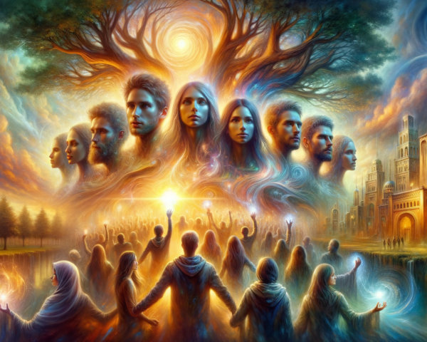 Mystical Gathering Under a Grand Tree in Radiant Light