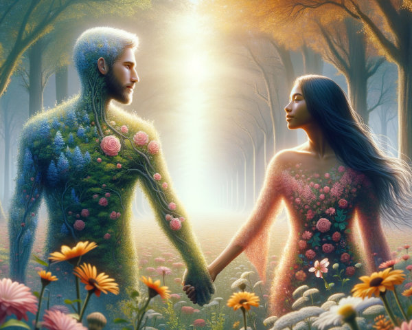 Ethereal Figures in a Vibrant Forest Setting