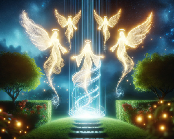 Ethereal garden with glowing angels and radiant light