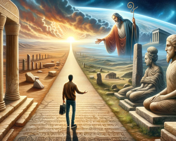 Winding Stone Path with Greek Columns and Divine Figure