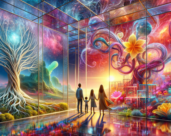 Surreal Family in Vibrant Dreamlike Landscape