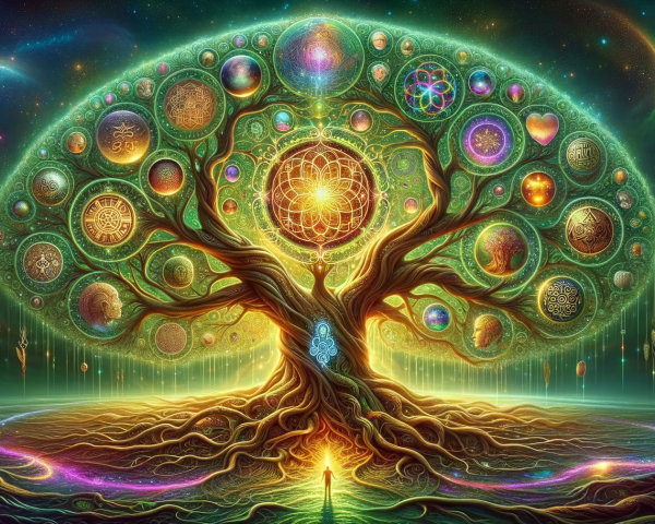 Vibrant mystical tree with glowing orbs and symbols