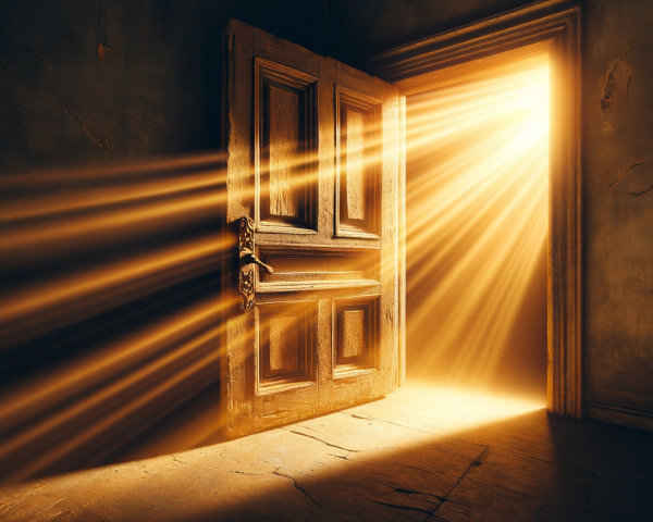 Weathered Wooden Door in Dimly Lit Room