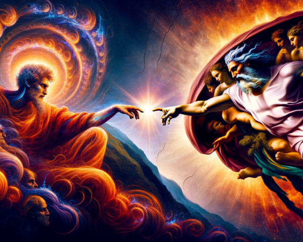 Dramatic Cosmic Scene with Vibrant Colors and Figures