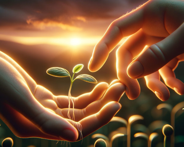 Hands Nurturing a Green Sprout at Sunset