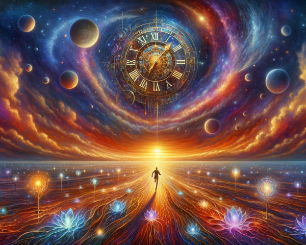 Cosmic Scene with Planets, Clock, and Vibrant Sunset