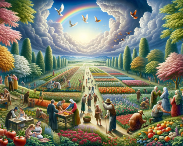 Vibrant Market Scene in Idyllic Landscape with Rainbow