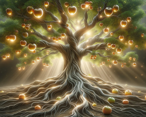 Majestic tree with glowing apples and intricate roots