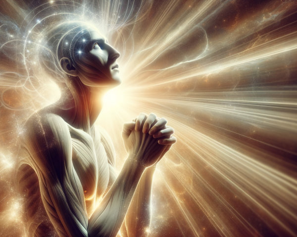 Ethereal Figure in Prayer Surrounded by Galaxies