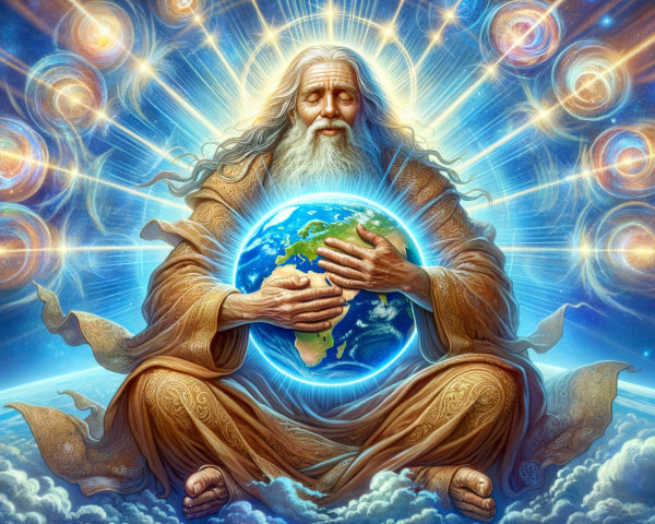 Celestial Figure Embracing Earth in Cosmic Setting