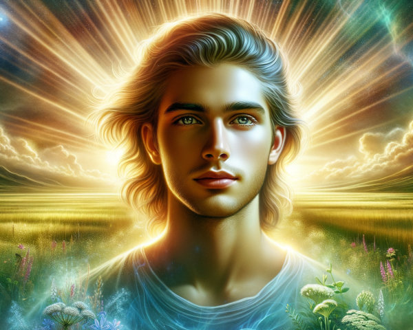 Young man in golden light surrounded by wildflowers