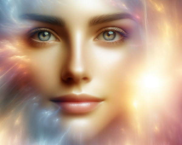 Close-up of an ethereal female face with vibrant colors