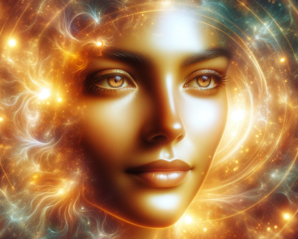 Radiant Golden Face with Cosmic Light Patterns