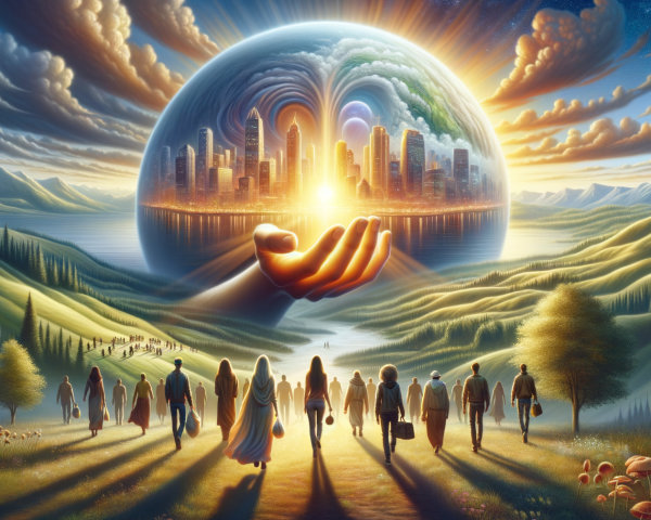 Futuristic City in Radiant Sphere Over Vibrant Landscape