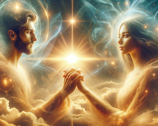 Celestial Scene of Ethereal Figures in Cosmic Setting