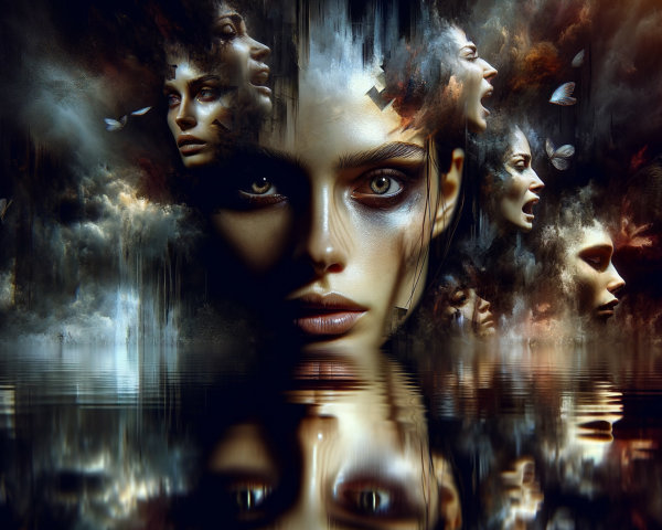 Surreal Digital Artwork with Faces and Ethereal Elements