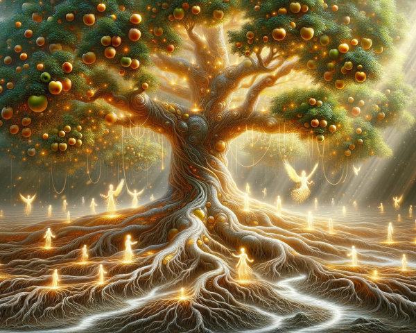 Majestic tree with glowing oranges in mystical landscape