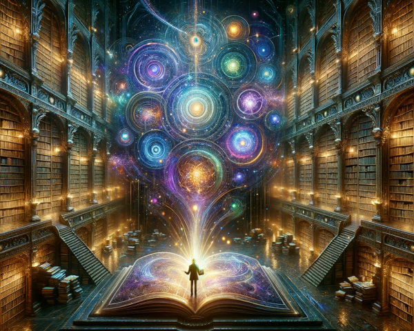 Ancient library with glowing books and cosmic orbs