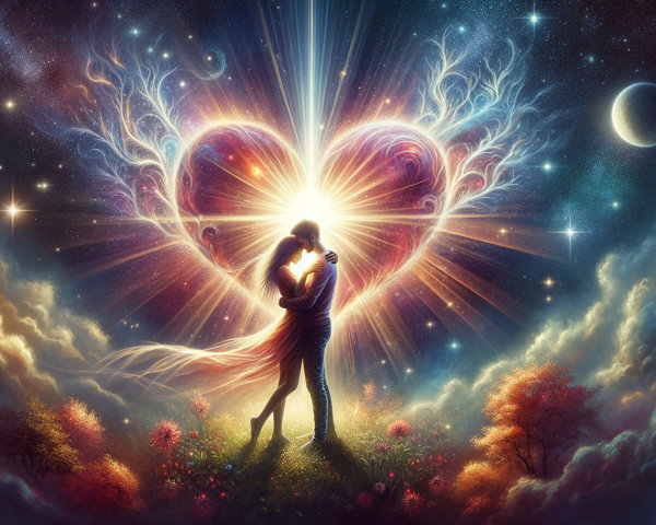 Dreamlike Landscape with Embrace and Radiant Heart